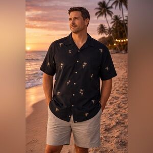 Caribbean 2XL Black Hawaiian Shirt Palm Tree Print Tropical Resort Button Down